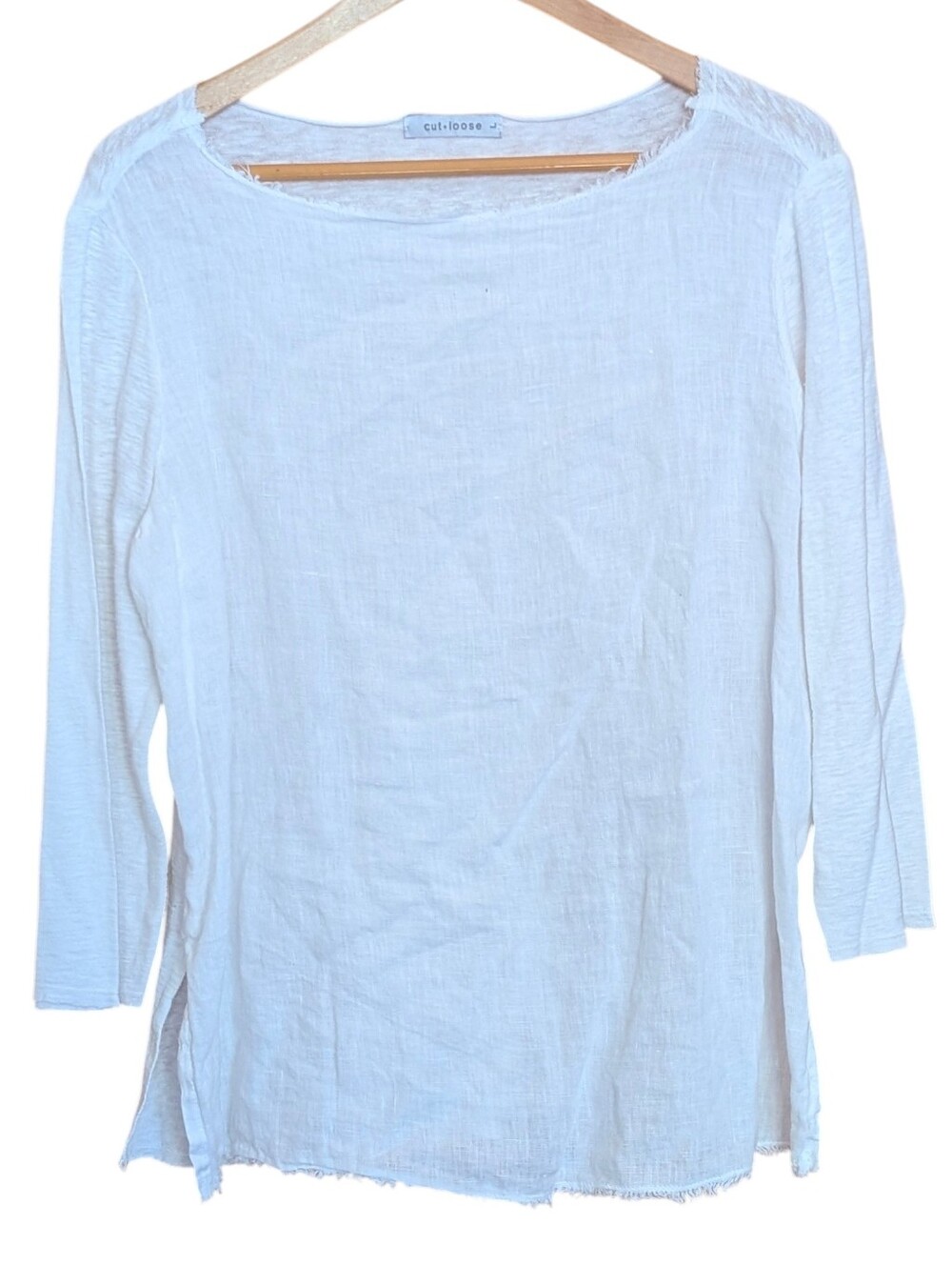 cut loose White Lightweight Linen Boatneck Long Sleeve Top L Raw Edge Casual